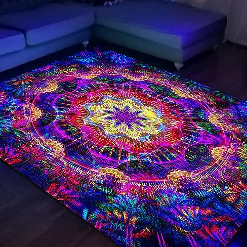 SEBKQ Mandala-Teppich, Schwarzlicht, groß, UV-reaktiv, leuchtet im Dunkeln, Boho, rutschfest, fluoreszierend, für Schlafzimmer, Wohnzimmer, 178 x 119 x 2 cm