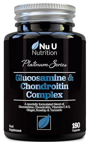 Glucosamine and Chondroitin High Strength Complex - 180 Capsules - with Turmeric, Ginger, Rosehip, Vitamin C & D - Joint Care Supplements for Women & Men - Made in The UK - Nu U Nutrition