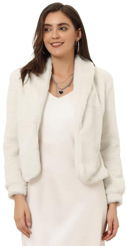 Allegra K Women's Faux Fur Coat Cropped Formal Jacket Fluffy Winter Outfits | Open Front Bolero, Lapel Collar, Long Sleeve Outfit, Fuzzy Shrug, Evening Wedding Overcoat