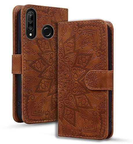 Rosbtib Coque pour Huawei P30 Lite/Nova 4E Premium PU Cuir Housse avec Fermeture Magnétique Stand Fonction Flip Cover Mandala Gaufrage Huawei P30 Lite/Nova 4E - Marron