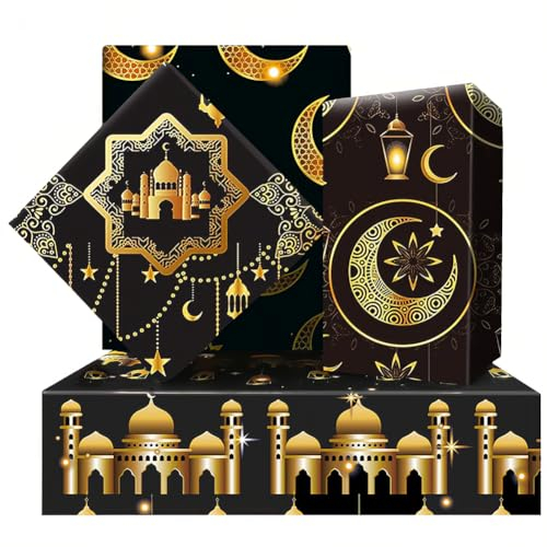 Geluode Eid Mubarak Geschenkpapier, 8 Blatt 4 Stile Stern Mond Moschee Laterne Gemustert, 50 x 70 cm, Eid, Ramadan