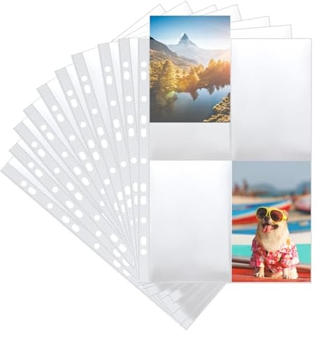 VMUTGA 50 Pezzi Buste Trasparenti per Foto A4, 4 Scomparti Tasche Fotografiche per Raccoglitore ad Anelli 2/3/4 Album Fotografico Buste Perforate per Protezione di Cartoline e Foto (10.5 * 15.3 cm)