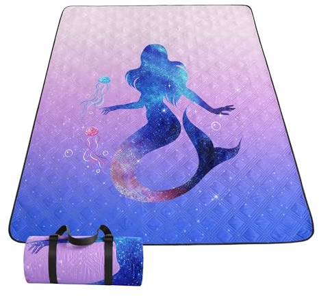 HOSIMA wasserdichte Picknickdecke,Tragbare Ultraschall-Picknickmatte für den Außenbereich,Camping-Strandmatte mit Meerjungfrau-Aufdruck für Sand und Nasses Gras,Wandern (Meerjungfrau L)