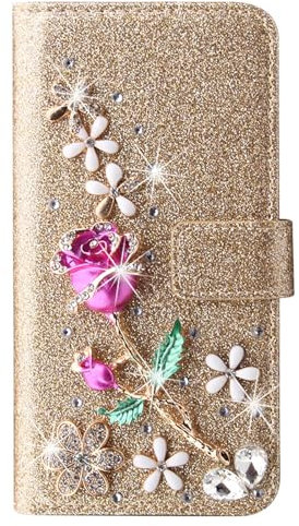 SLLMYYX Wallet Case Compatible with Samsung Galaxy A55 5G, Glitter Rose Flower Diamond Pu Leather Phone Cover (Glod)