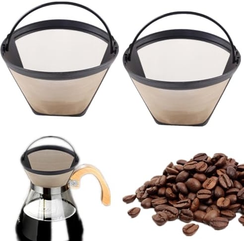Vueinrg 2 Stück Kaffeefilter Wiederverwendbar Dauerkaffeefilter Größe 4 Goldtonfilter Kaffee Dauerfilter Edelstahl 100 Mesh Goldfilter Kegelförmig mit Griff Permanentfilter für 8-12 Tassen