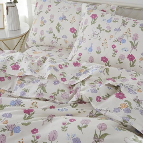 Brandream Queen-Bettwäsche-Set aus 100 % Musselin-Baumwolle, Bauernhaus-Blumen für Mädchen, niedliches Kinder-Bettwäsche-Set, 3-teilig, ultraweich, atmungsaktiv, für Teenager, Kinder, gemustert,
