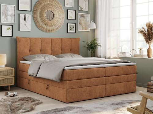 MKS MEBLE King Boxspringbett 200x200, Boxspringbett 200x200 mit Bettkasten und Matratze H4, Polsterbett 200x200 mit Matratze, Bett 200x200 mit Bettkasten - PREMIUM-10-KING- Orange Struktur - H4