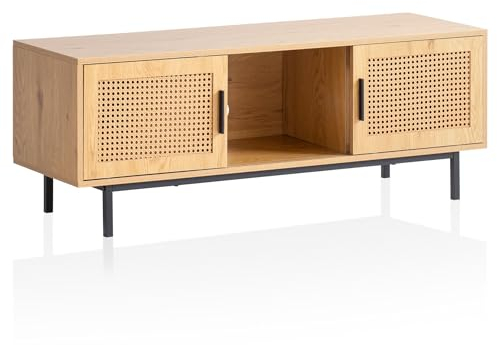 FineBuy Lowboard Eiche-Dekor mit Wiener Geflecht 120x45,5x40 cm TV-Kommode Zeitlos mit Schiebe-Türen, Design TV-Schrank Hoch, Fernsehtisch Fernsehschrank, Fernsehkommode Wohnzimmer Rattan