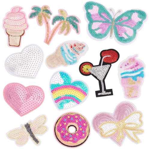 PH PandaHall 12 Styles Bügelbilder Applikationen Bestickte Patches Bügelbilder Glitzer Pailletten Aufkleber Für Kleidung Taschen Jacken Sommerurlaub