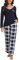 Pyjama Femme Long Coton Ensemble Vêtement d'Intérieur Tee Shirt Vêtement de Nuit Carreaux Plaid Manches Longues Col V Pantalons de Pyjama Printemps Douce Confortable A-Bleu Marine+Carreaux XXL