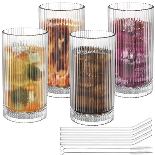 Bicchieri di vetro con cannucce, in vetro vintage a coste, per whisky, cocktail, birra, tazze da caffè freddo e bicchieri (confezione da 4)
