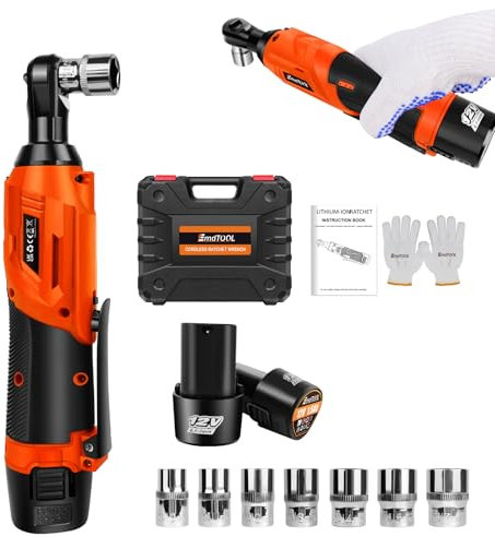 Orange 3/8 Inch Cordless Ratchet Wrench 12V Power Right Angle Electric Ratchet Wrench Multi-Purpose Repair Tool with 2 Rechargeable Lithium-Ion Battery and 1 Charger