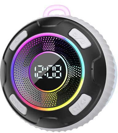 Hupoaf Enceinte Bluetooth 5.3 Portable sans Fil Etanche IP7, LED Lumière, 360° Stéréo, Enceinte Douche pour Soirées Plage, Randonnées, Gris