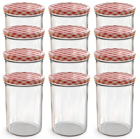 Oputec Lot de 12 bocaux de 440 ml avec couvercle à visser TO 82 rouge à carreaux – Parfait pour les confitures, les confitures et plus encore, grands bocaux avec couvercle, idéal comme pots à