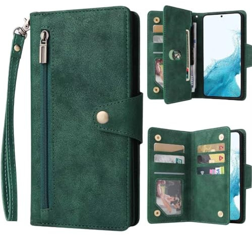 ATISIJIE Hülle klappbar für One Plus Nord 2 5G Handyhülle,Leder Hülle mit Kartenfächer Reißverschluss Geldbörse Trageband Schutzhülle,Magnetic Flip Wallet klapphülle Handytasche-Grün