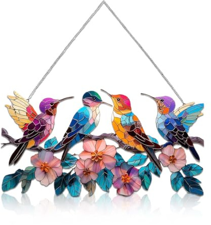 DUGEGAYL Vogeldekoration，Fensterdeko Hängend Modern – Charmante Wanddeko aus Qualitätsmetall, Vier Vögel in Harmonie mit Blumen und Blättern - Fensterdekoration zum Aufhängen