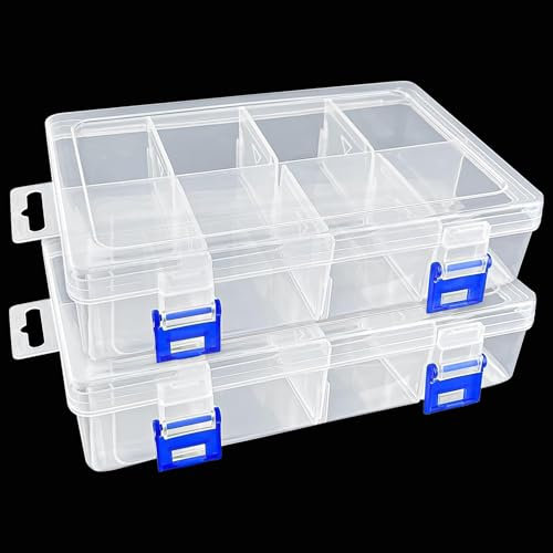 Xpieoyrm 2 Pezzi Scatoline trasparenti per stoccaggio, con 8 Scomparti divisori regolabili, Contenitore portaoggetti rettangolare, per stoccaggio, assortimento e organizzazione di piccoli oggetti