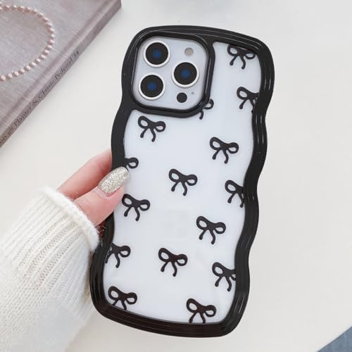 QLTYPRI Bow Case for iPhone 12/iPhone 12 Pro, Clear Cute Ribbon Bow Phone Case Curly Wavy Aesthetic Phone Case, Slim Soft Transparent Shockproof Protective Cover for Women Girls - Black