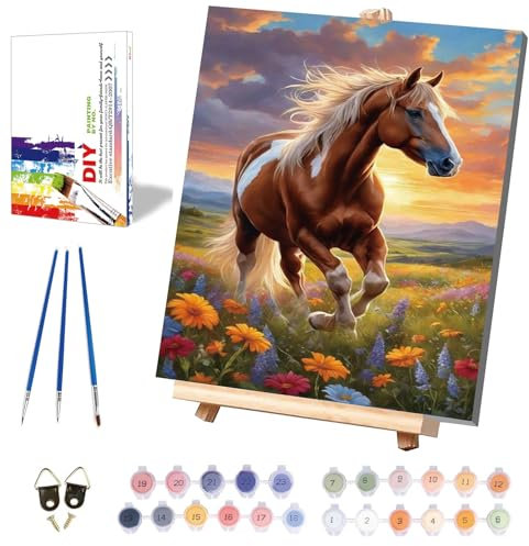 Pujeknm Malen Nach Zahlen Erwachsene Pferd (mit Rahmen Leinwand-mit Holzstaffelei)-DIY Tiere Handgemalt Ölgemälde Kit für Anfänger, Mit Schöne Geschenkbox Handgemalt öLgemäLde Kit, Large 40x50cm