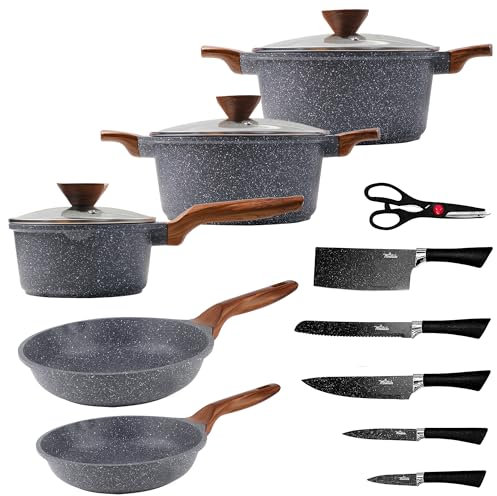 La Moustache - Batería de Cocina de Aluminio con Antiadherente | 8 Piezas Amalfi + 5 Cuchillos Inoxidables con Pelador de Verduras y Tijeras, Ollas/Sartenes para Todas las Cocinas, Incluso Inducción