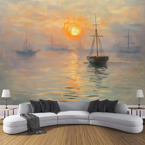 Fototapete Abstraktes Gemälde PVC Tapeten Moderne Wandtapete Wohnzimmer Schlafzimmer Dunstiger Sonnenaufgang Tapeten Wohnzimmer Jugendzimmer Wanddeko Wandtattoo selbstklebende 400x280cm