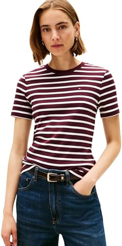 Tommy Hilfiger Damen T-Shirt Kurzarm Slim Cody Rundhalsausschnitt, Mehrfarbig (Deep Burgundy/Ecru STP), XL