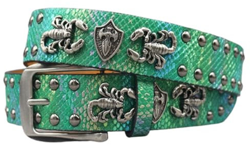ZNEL Gürtel Mit Graviertem 3D-Skorpion Und Nieten Punk Unisex Krokodilmuster-Print Nietengürtel Accessoire Für Mutige Und Vielseitige Mode-Styles(115cm/45, Green)
