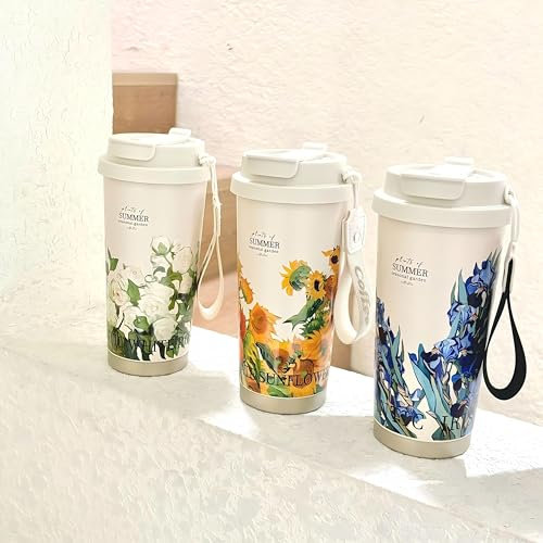 TIMENIL Floral Summer Garden Insulated Travel Mug, Travel Mug for Hot Drinks 500ml, Double Wall Stainless Steel, White with Decorative Design (Sunflower)