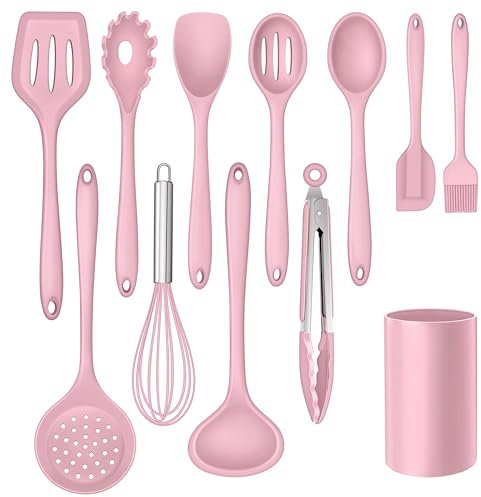 Herogo Kitchen Utensils Set of 12, Silicone Cooking Utensils Set with Holder for Baking, Cooking, Non Stick & Heat Resistant Cookware Include Spatula Whisk Spoon Turner Tongs, Dishwasher Safe (Pink)