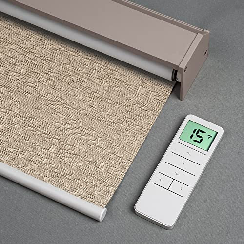 Tokblind Motorized Roller Shades with Remote Control, Blackout Electric Blinds for Windows Compatible with Alexa Google via Hub, Rechargeable Smart Window Shade Customized Size (Texture Dark Coffee)