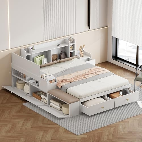 A ALFRESCOOL Massivholz-Kombi-Bett, Kopfteil mit Eingebautem Staufach, mit Schubladen, mit Nachttisch, mit Stauraum-Langschrank, Sofabank, Stauraumbett Doppelbett Tatamibett, 140 * 200cm (Weiß)