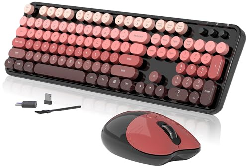 Teclado y mouse inalámbricos, 104 teclas redondas, máquina de escribir retro