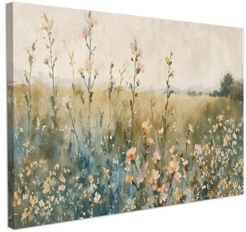 CHDITB Aquarell Wildblumen Bild auf Leinwand,Vintage Landschaftswandbilder,Wilderness Blumen Poster,Field Wandkunst Rüstikales Natur Blumen Bilder,Wanddeko für Wohnzimmer Schlafzimmer Büro(59x39cm)