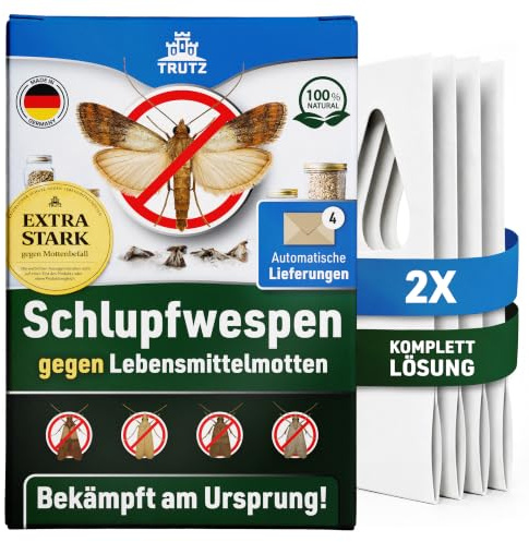 TRUTZ® Schlupfwespen gegen Lebensmittelmotten | 2 Karten à 4 Lieferungen | Nachhaltig & Effektiv Lebensmittelmotten bekämpfen | Alternative zu Mottenspray, Mottenkugeln und Lebensmittelmotten Falle