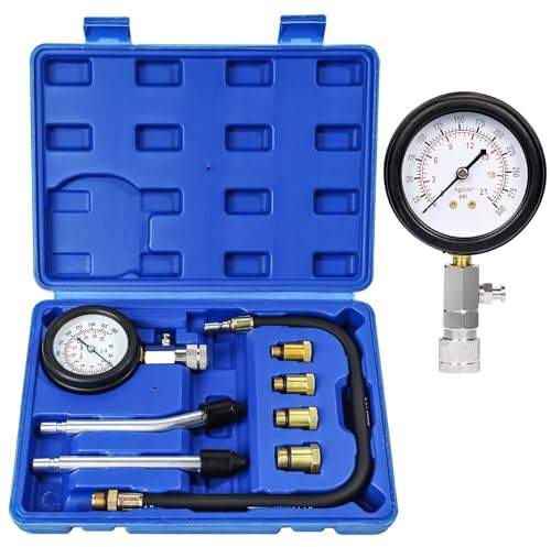 Zorplex Kit Tester di Compressione Cilindri 0-21 Bar / 0-300 PSI con Manometro e Tester Candela, 4 Adattatori M10 M12 M14 M18, Compressimetro per Motori Benzina Auto Moto Fuoribordo Motoslitta (Blu)