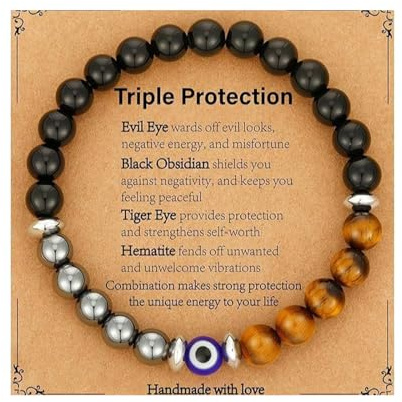 Ethlomoer Evil Eye Bracelets for Men, Triple Protection Bracelet with Obsidian & Tiger Eye Beads, Men's Beaded Healing Jewelry with Evil Eye Beads for Spiritual Protection|Christmas' Gift for Him