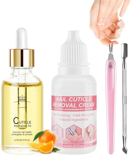Cuticle Care Kit - Cuticle Oil and Cuticle Remover, Cuticle Nourishes and Softener, Cuticle Remover Kit w/Cuticle Pusher & Dead Skin Fork for DIY Nail Manicure, Promotes Nail Growth and Strength