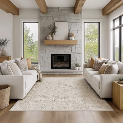 Beauoop Washable Area Rug Beige Neutral 160x230cm Vintage Non Slip Low Pile Distressed Traditional Oriental Indoor Carpet for Living Room Bedroom Soft Retro Mat Thin Rug for Dining Office Entryway