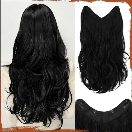 Sofeiyan Haarverlängerung mit Gummiband,Hair Extensions mit Band Locken | 50 cm V-Form Haarverlängerung mit Draht,Gewellt Synthetik Hair Extensions für Frauen,Natürliches Schwarz