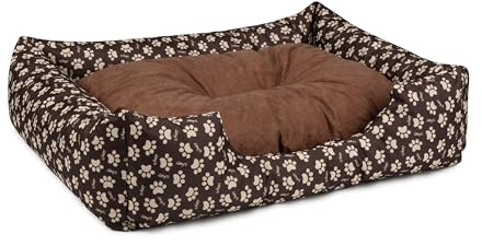 BedDog Hundebett Mimi, Hundesofa aus Cordura, Microfaser-Velours, waschbares Hundebett Vier-eckig mit Rand, Hundekissen für drinnen, draußen, M, braun mit Pfoten