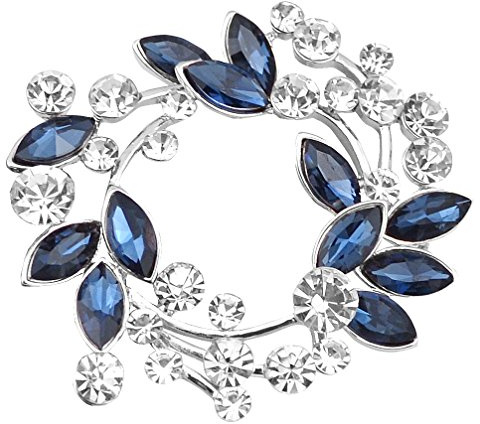 FENGJI Crystal Gold and Silver Plated Round Flowers Brooch Pin Wedding Scarf Brooch (Purple,Blue,White) Silver Blue