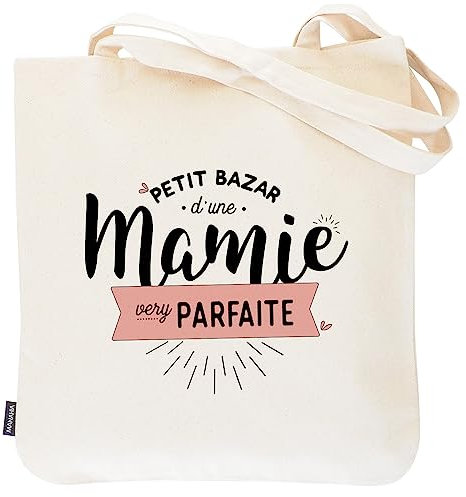 Manahia Totebag mamie - Petit bazar d'une Mamie very Parfaite - 100% Coton - Sac Mamie - Cadeau Fête des Grands-Mères - Annonce Grossesse Mamie - Cadeau Noël Mamie - Anniversaire Mamie