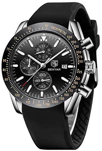 BENYAR Herrenuhr Quarz Sport Chronograph Mode Marken Business Uhr Herren Braun Lederuhr Wasserdicht Kratzfest Analog Automatik Datum Elegantes Geschenk Armbanduhr (Silber Schwarz-J