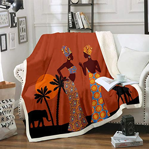 Afrikanische Frauen-Themen-warme Plüsch-Decke, braunes afrikanisches Muster, Fleece-Decke, Ethnische Afro-Giraffe, Sherpa-Überwurf, Decke für Sofa, Couch, Frauen, Doppeldecke, 152.4x200.7 cm
