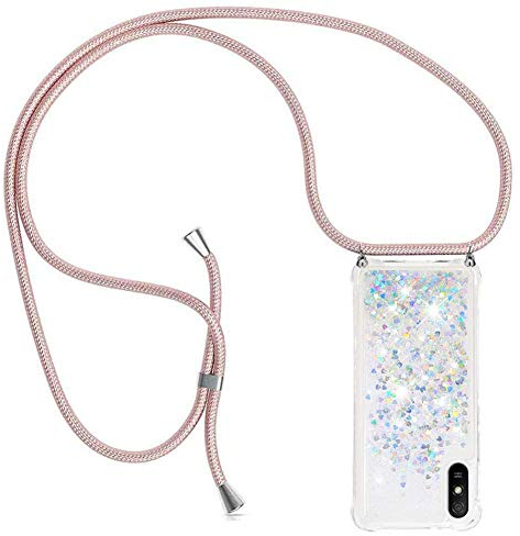 YuhooTech Handykette Hülle Kompatibel mit Xiaomi Redmi 9A - Quicksand Glitzer Hülle mit Band - Silikon Handyhülle mit Kordel Umhängenband - Schnur mit Treibsand Case zum Umhängen