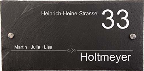 Türschild mit personalisierter Gravur, Hausnummer und Familienname, Türschild für Familien, aus Schiefer mit 2 Edelstahl Abstandshaltern 30cm x 15cm.