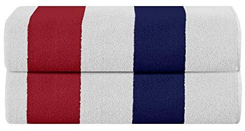 Sweet Needle Strandtücher – Cabana Striped Classic, 100% Baumwoll-Frottee, ringgesponnenes Pooltuch, schnell trocknend, 450 g/m², 2 Stück, für Erwachsene (Rot-Blau-Weiß, 76 x 152 cm)