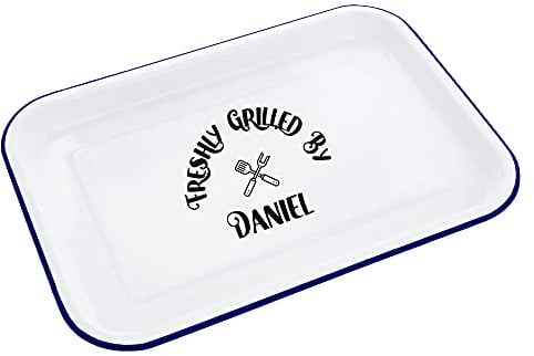 aztex Personalised Enamel Grilled Serving Tray (White Base, Blue Trim)