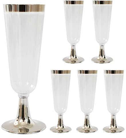 URMAGIC 6 Pcs Gold Plastic Champagne Flutes, 150ml/5 Oz Disposable Wine Glasses with Gold/Silver Rim, Clear Plastic Cups, Wedding Party and Cocktail Cups, Toasting Glasses