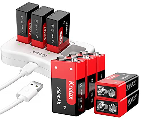 Kratax 9V Rechargeable Li-ion Battery -850mAh,8-Pack PP3 9 Volt Block Batteries with Charger,High Performance 6f22 Square for Smoke Detectors, Remote Control Car[8batteries+1Charger]